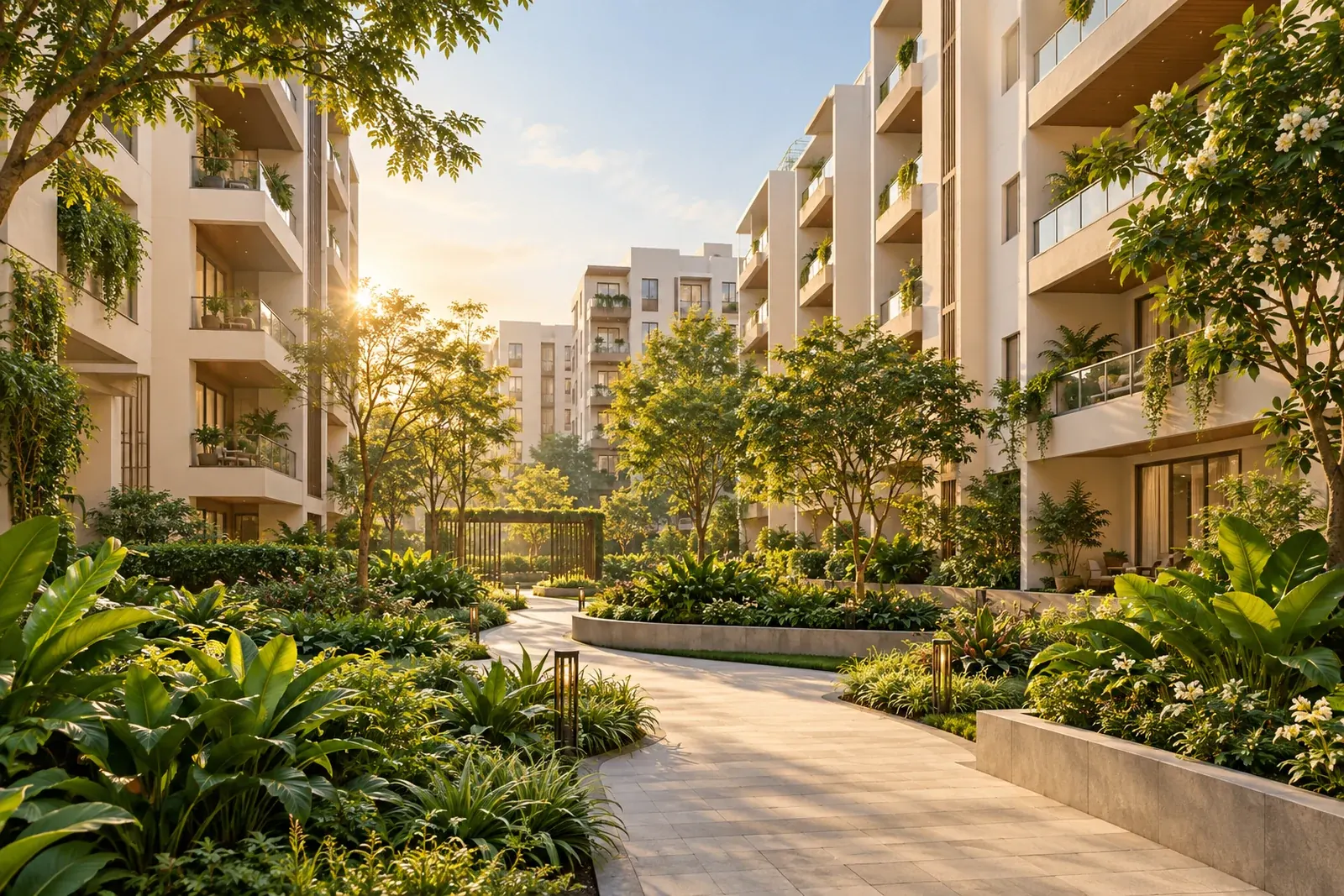Illustrative apartment courtyard with landscaped gardens