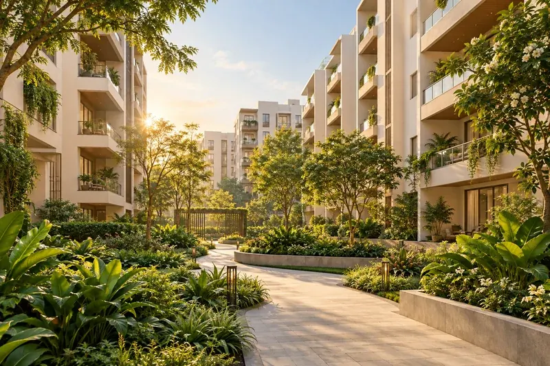 Illustrative apartment courtyard with landscaped gardens