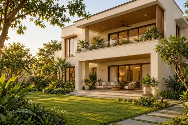 Illustrative contemporary villa and private garden